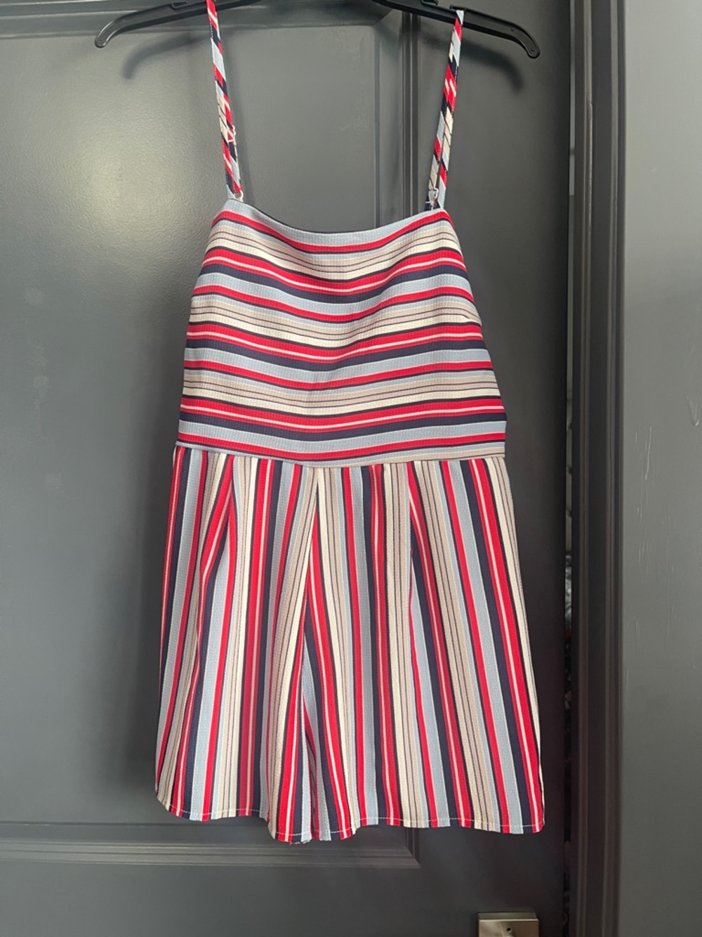 Trixxi Striped Spaghetti-Strap Romper Dress in Red, Blue & White